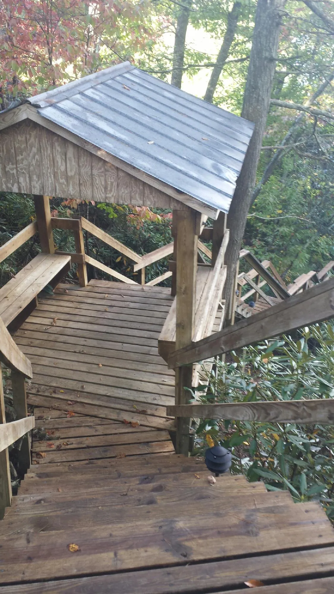 Metal roofed shelter over wooden steps on a wooded walkway — Skylight Repair & Installation work by our crew in Roggen
